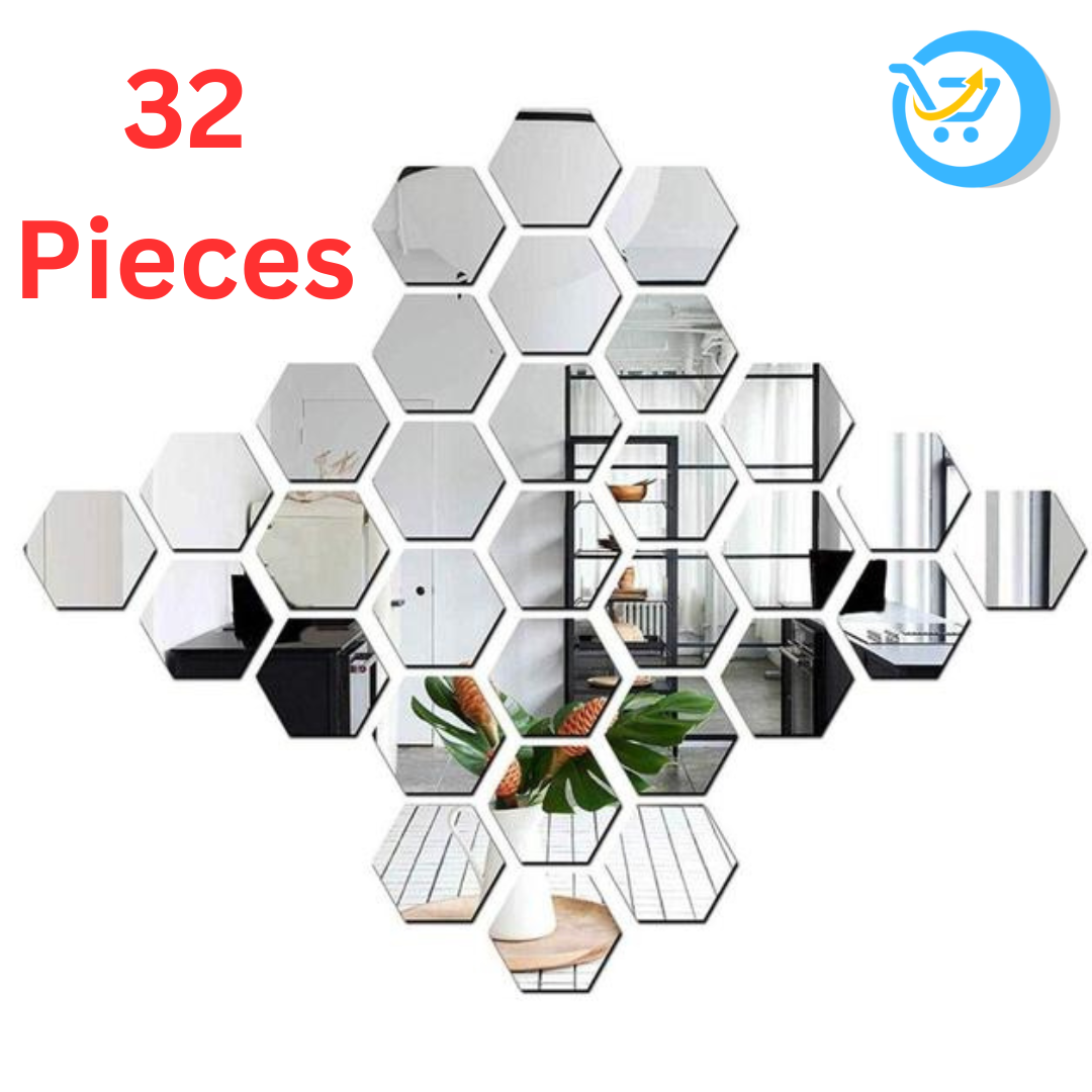 Hexagon Silver Mirror For Wall [Pack Of 32, Size (10x12)Cm Each]