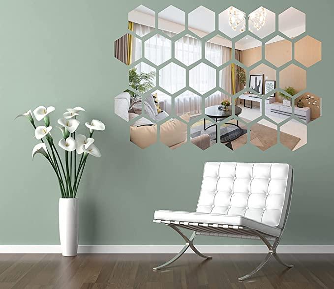 Hexagon Silver Mirror For Wall [Pack Of 12, Size (10x12)Cm Each]